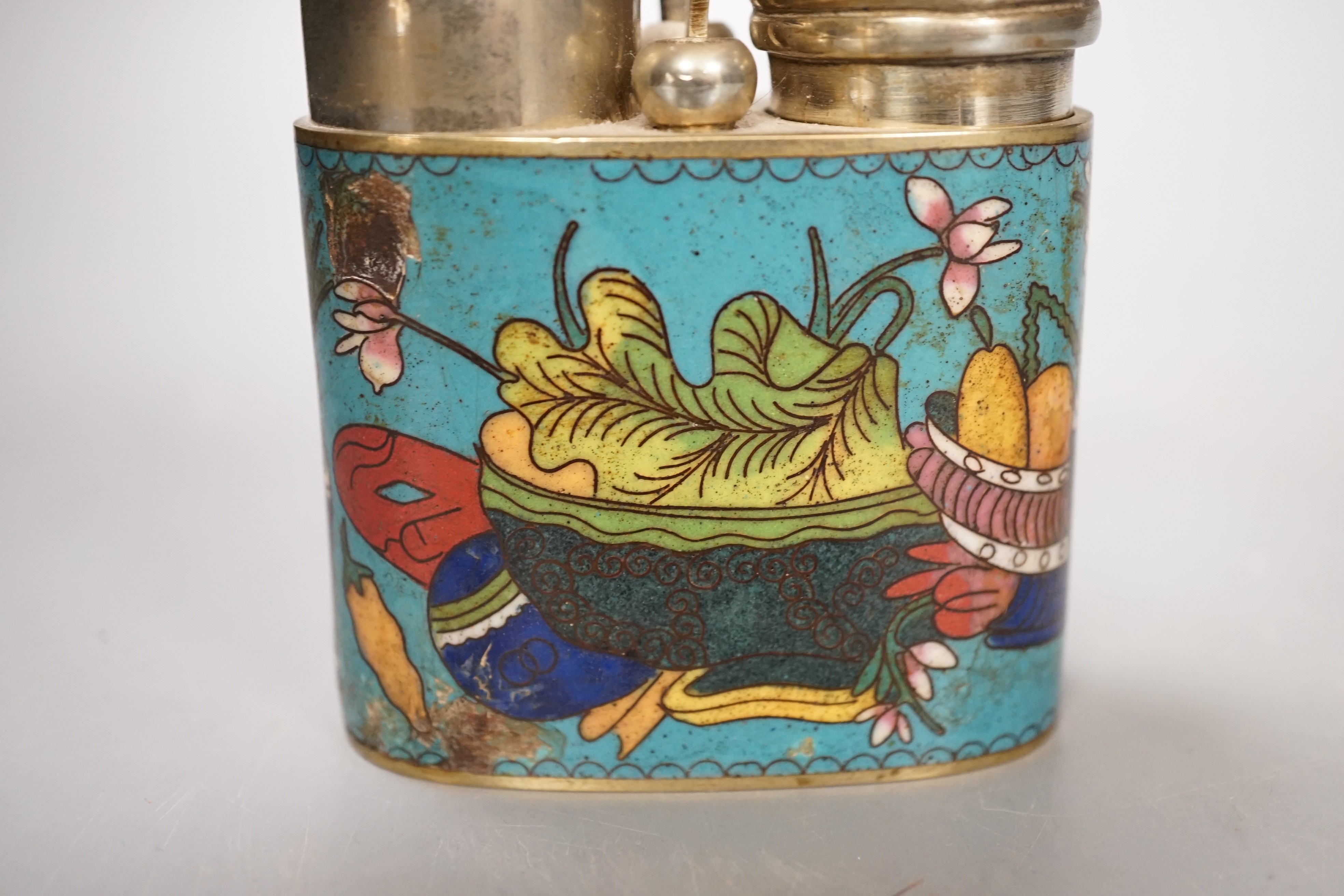 A Chinese inscribed paktong inkbox and a Chinese cloisonne enamel and paktong water pipe, 33cm